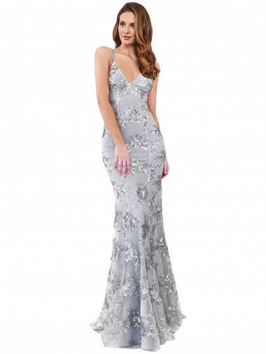 Online Silver V-Neckline Backless Floral Patterned Sequin Bridesmaid Dress