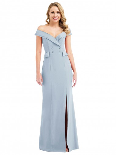 Online Off the Shoulder Tuxedo Maxi Bridesmaid Dress with Front Slit