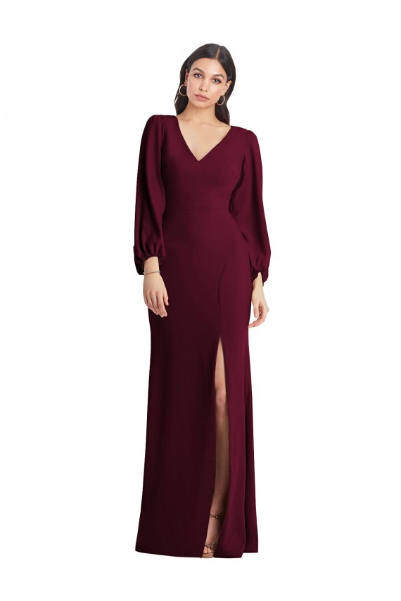 Online Long Puff Sleeve V-Neck Trumpet Bridesmaid Maxi Dress