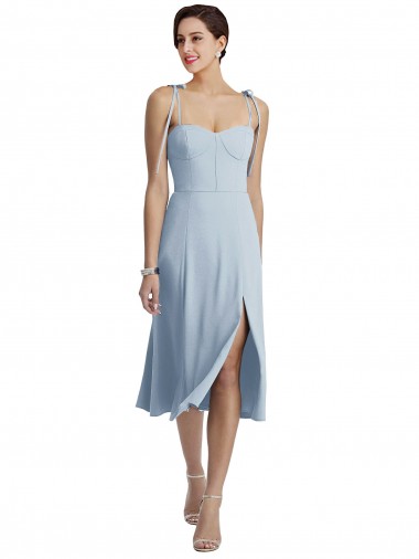 Online Midi Length Bustier Crepe Bridesmaid Dress with Back Bow Straps