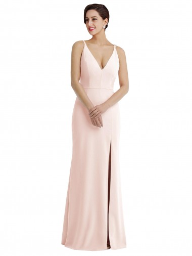 Online Skinny Strap Deep V-Neck Crepe Trumpet Bridesmaid Dress with Front Slit