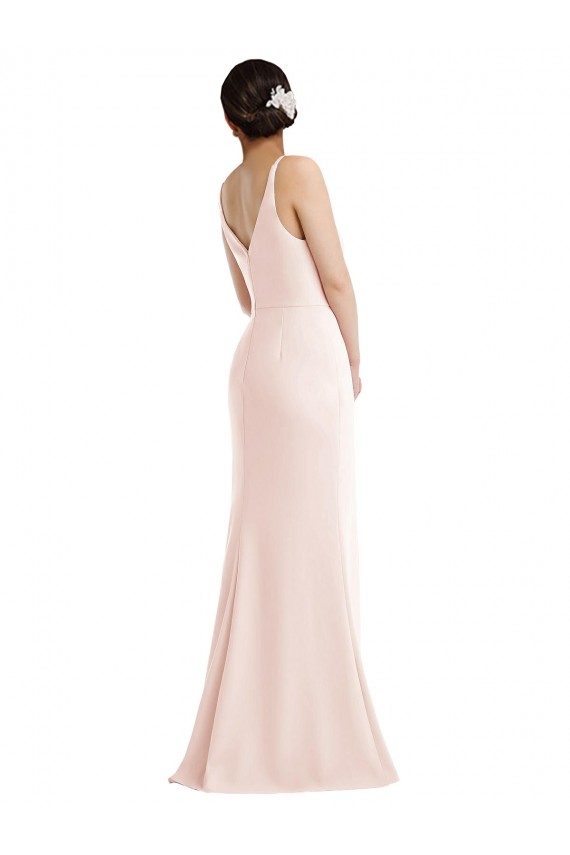 Online Skinny Strap Deep V-Neck Crepe Trumpet Bridesmaid Dress with Front Slit