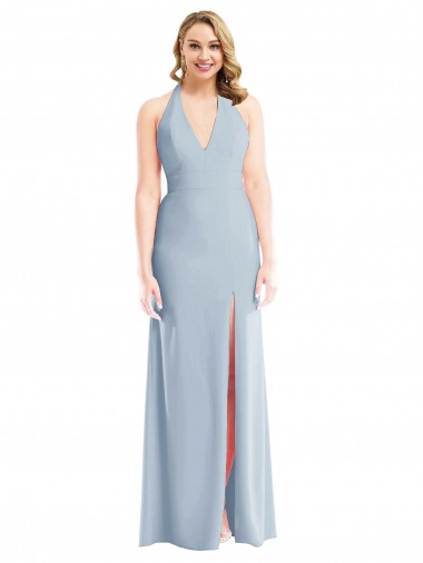 Online Plunge Neck Halter Backless Trumpet Bridesmaid Dress with Front Slit