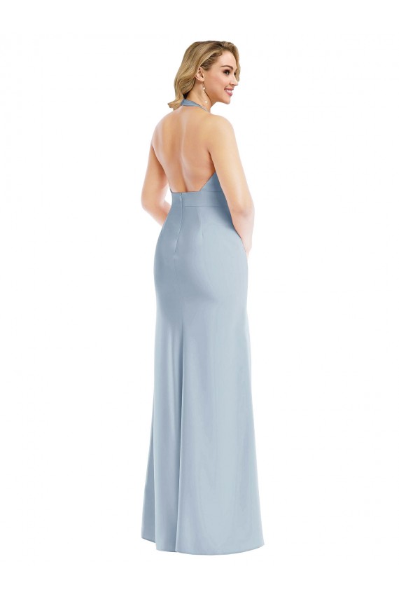 Online Plunge Neck Halter Backless Trumpet Bridesmaid Dress with Front Slit
