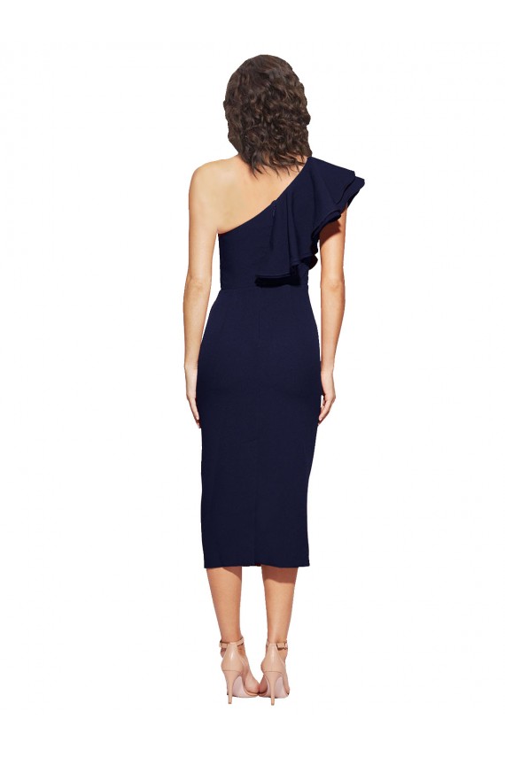 Online Ruched Midi Length Short Crepe Bridesmaid Dress with Shoulder Ruffles