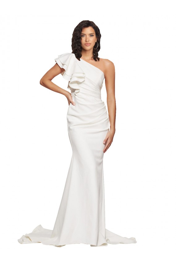 Online Ruched Long Sweep Train Crepe Bridesmaid Dress with Shoulder Ruffles