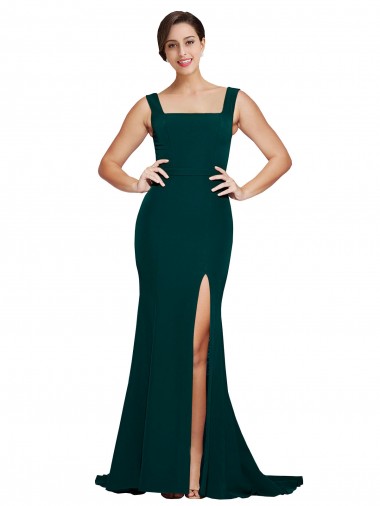 Online Fitted Square Neck Long Crepe Bridesmaid Dress with Train and Side Split