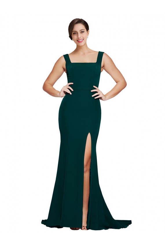 Online Fitted Square Neck Long Crepe Bridesmaid Dress with Train and Side Split