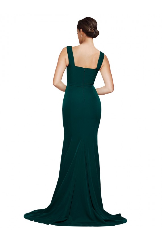 Online Fitted Square Neck Long Crepe Bridesmaid Dress with Train and Side Split