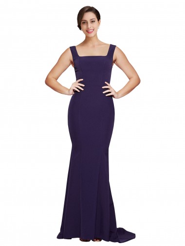 Online Square Neck Long Sweep Train Crepe Bridesmaid Dress with Thick Straps