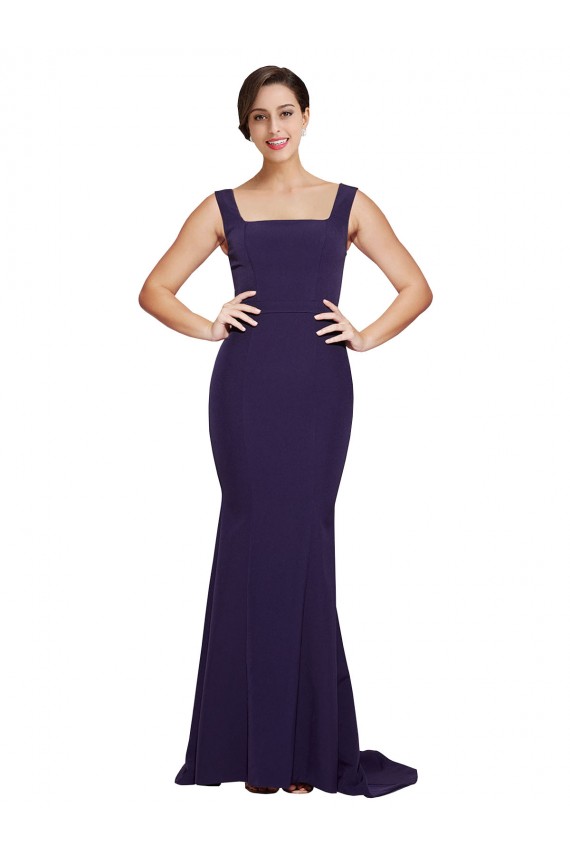 Online Square Neck Long Sweep Train Crepe Bridesmaid Dress with Thick Straps