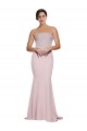 Online Straight Neck Long Strapless Crepe Bridesmaid Dress with Soft Tulle Overlay and Small Train