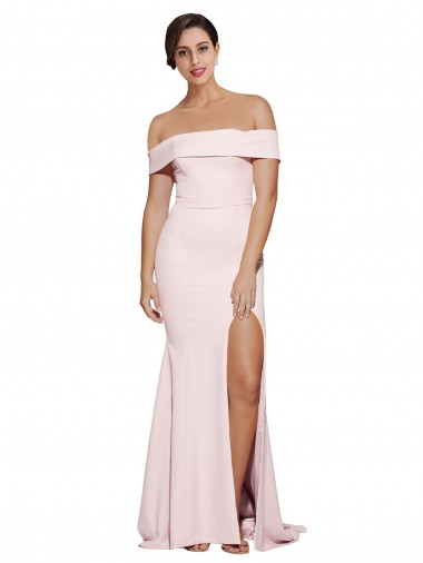Online Off Shoulder Long Crepe Bridesmaid Dress with Straight Neckline and Side Split