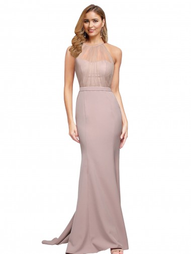 Online Long Sweetheart Crepe Bridesmaid Dress with High Neck Illusion Tulle Details