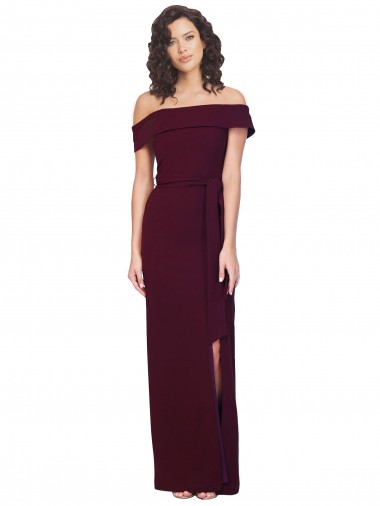 Online Fitted Full Length Off the Shoulder Crepe Bridesmaid Dress with Side Split and Waist Tie