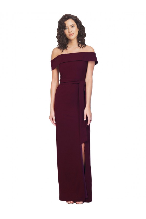 Online Fitted Full Length Off the Shoulder Crepe Bridesmaid Dress with Side Split and Waist Tie