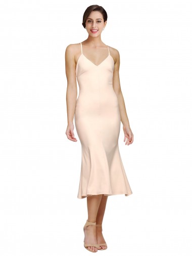 Online Midi Length V-Neckline Crepe Bridesmaid Dress with Thin Straps and Fulted Skirt