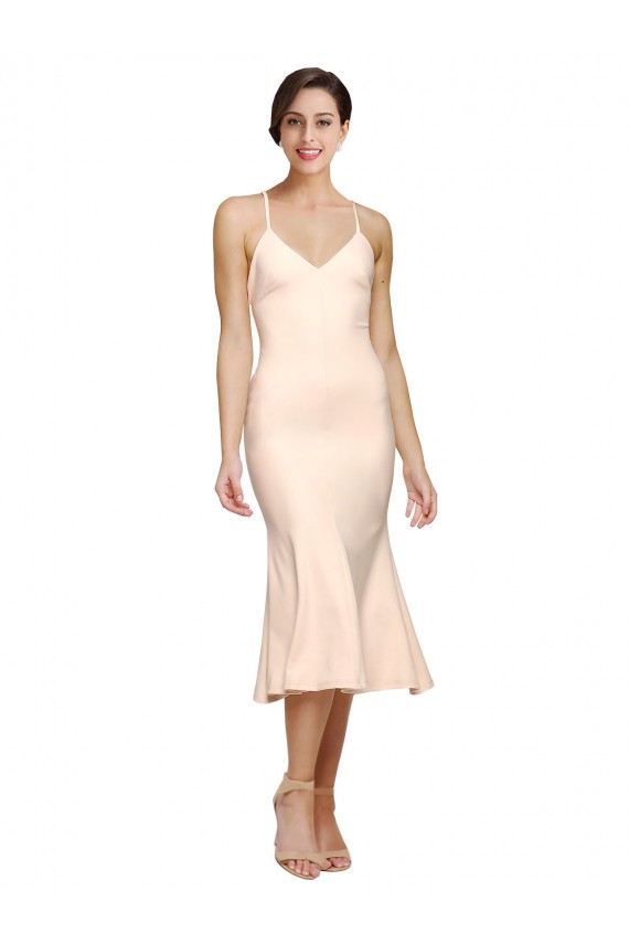 Online Midi Length V-Neckline Crepe Bridesmaid Dress with Thin Straps and Fulted Skirt