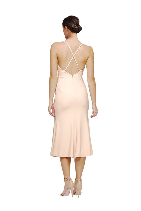 Online Midi Length V-Neckline Crepe Bridesmaid Dress with Thin Straps and Fulted Skirt