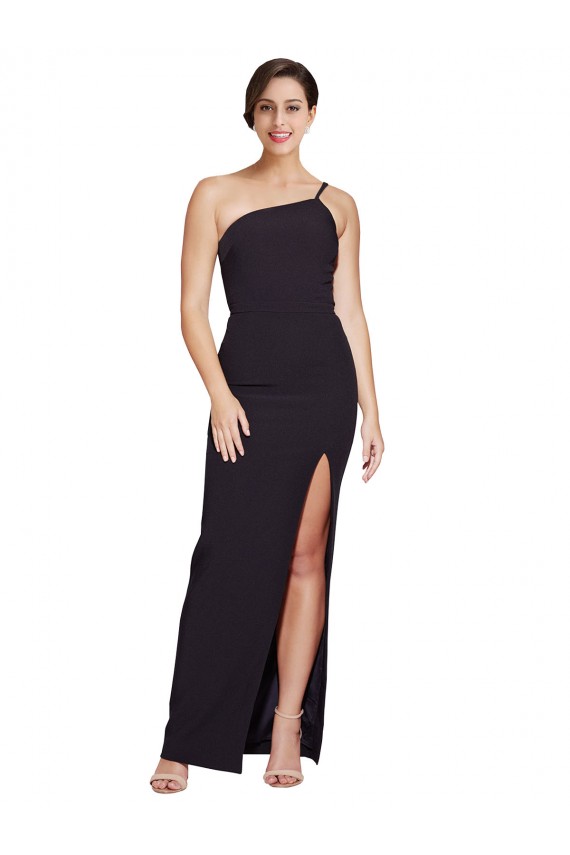 Online Long Floor Length Crepe Bridesmaid Dress with Side Split and One Strap
