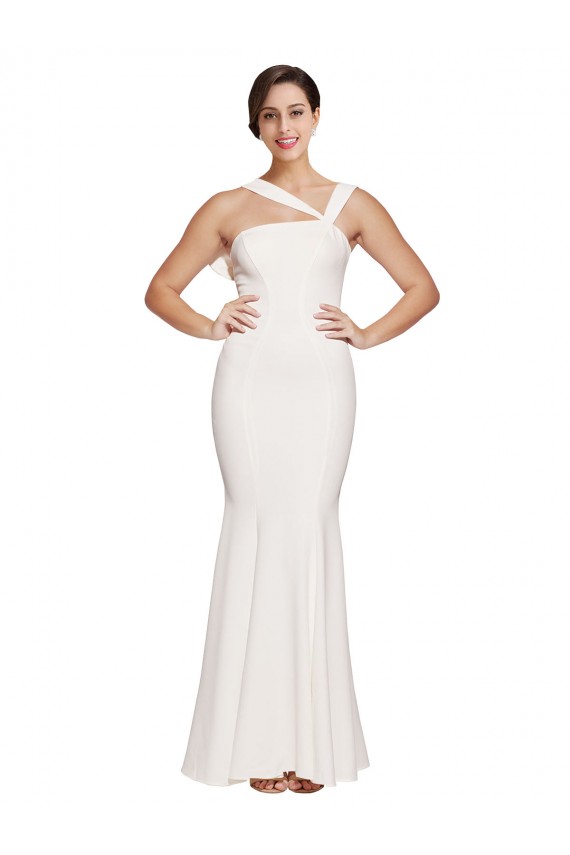 Online Full Length Square Neck Crepe Bridesmaid Dress with Asymmetrical Straps and Bow Back