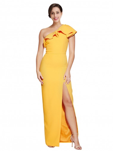 Online One Shoulder Floor Length Crepe Bridesmaid Dress with Thigh High Split