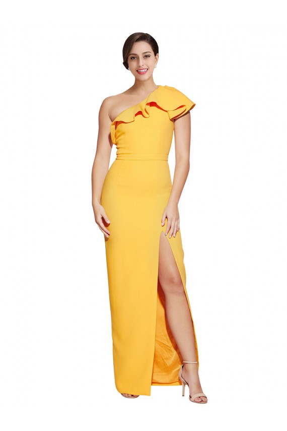 Online One Shoulder Floor Length Crepe Bridesmaid Dress with Thigh High Split