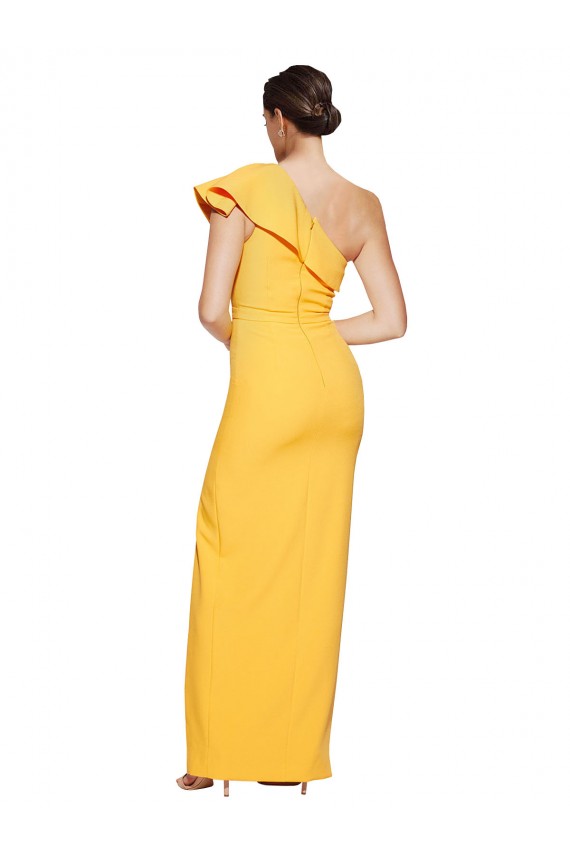 Online One Shoulder Floor Length Crepe Bridesmaid Dress with Thigh High Split