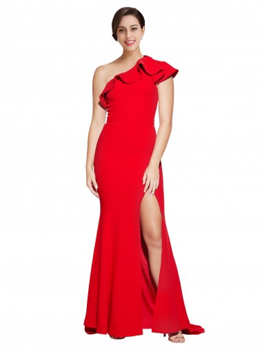 Online One Shoulder Long Sweep Train Crepe Bridesmaid Dress with Thigh High Split