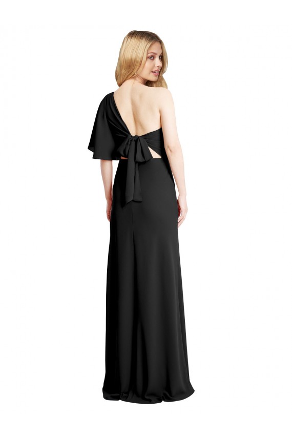 Online Pleated One Shoulder Flutter Sleeves Slim Crepe Bridesmaid Dress
