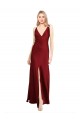 Online Floor Length Deep V-Back Stretch Satin Bridesmaid Dress with Front Slit