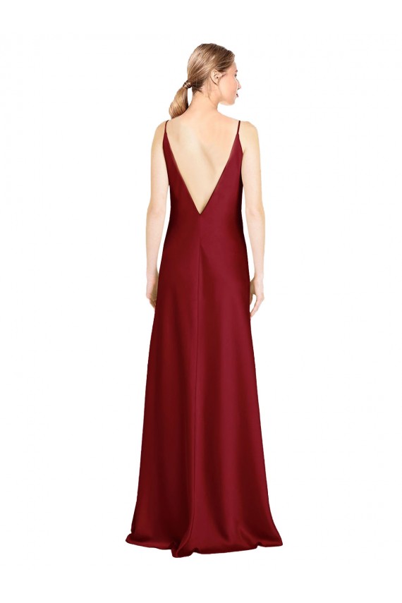Online Floor Length Deep V-Back Stretch Satin Bridesmaid Dress with Front Slit