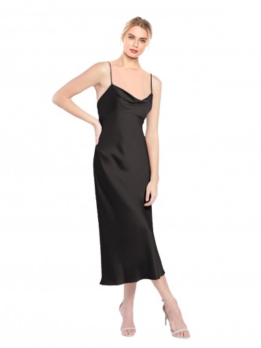 Online Cowl Neck Midi Length Short Stretch Satin Slip Bridesmaid Dress