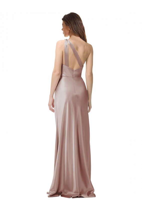 Online One Shoulder Black-Tie Floor Length Long Stretch Satin Bridesmaid Dress