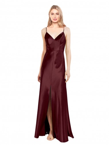 Online Sleek Spaghetti Straps V-Neck Stretch Satin Bridesmaid Dress with Center Front Slit