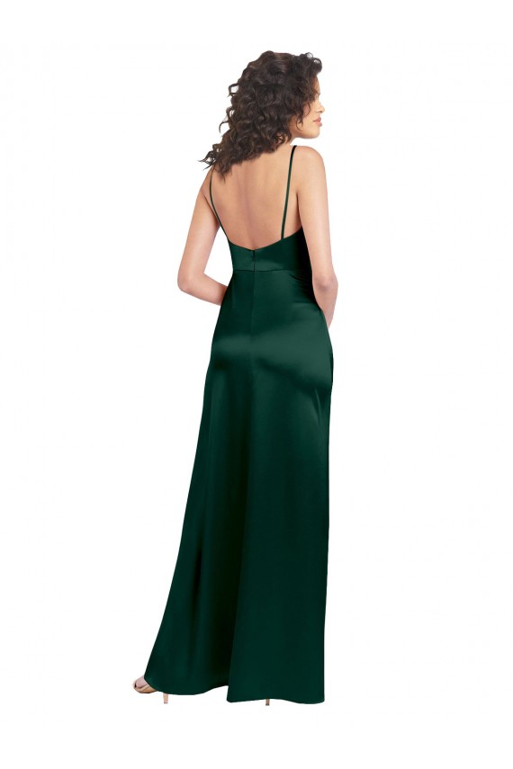 Online Long Slim Scoop Neck Stretch Satin Bridesmaid Dress with Open Back