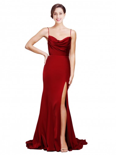 Online Cowl Front Neck Sweep Train Stretch Satin Bridesmaid Dress with High Side Split