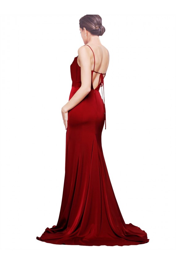 Online Cowl Front Neck Sweep Train Stretch Satin Bridesmaid Dress with High Side Split