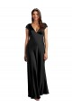 Online Plunging V-Neck Cap Cleeves Long Stretch Satin Bridesmaid Dress with Keyhole Back