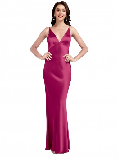 Online V-Neck Spaghetti Straps Slim Stretch Satin Bridesmaid Dress with Low Scoop Back