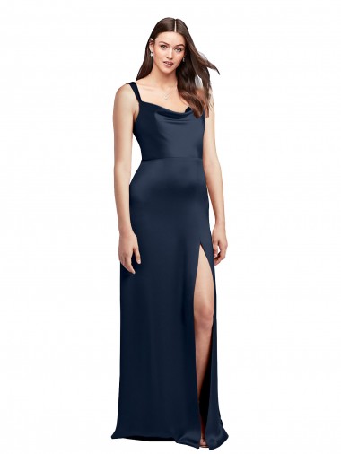 Online Cowl Neck Soft Long Stretch Satin Bridesmaid Dress with Side Slit and Pleated Straps