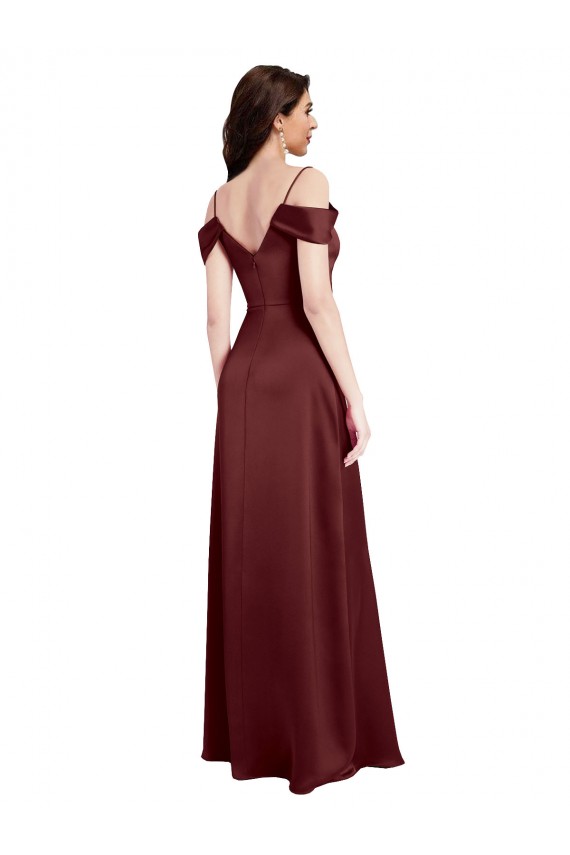 Online Draped Off the Shoulder Sleeves Slim A-Line Stretch Satin Bridesmaid Dress with Side Slit