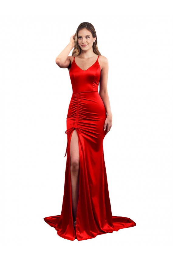 Online Long Pleated Stretch Satin Bridesmaid Dress with High Slit