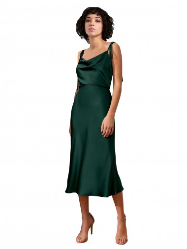 Online Spaghetti Straps Tie Shoulders Cowl Neck Short Midi Length Stretch Satin Bridesmaid Dress