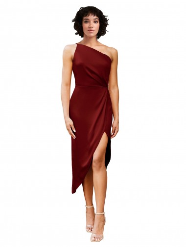 Online One Shoulder Midi Length Short Stretch Satin Wrap Style Bridesmaid Dress