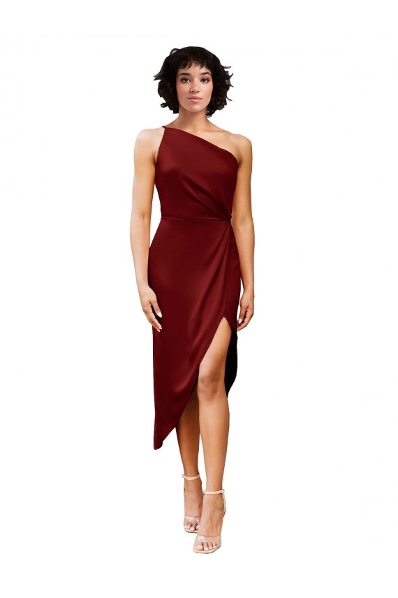 Online One Shoulder Midi Length Short Stretch Satin Wrap Style Bridesmaid Dress