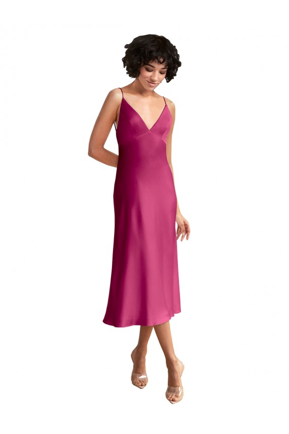 Online Midi Length V-Neck Short Stretch Satin Bridesmaid Dress with Low Scoop Back