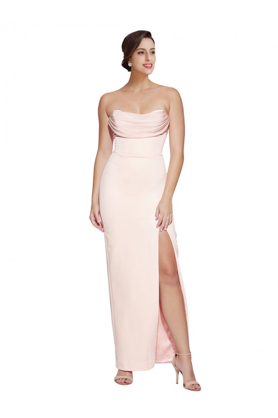 Online Cowl Neck Strapless Stretch Satin Bridesmaid Dress with High Split
