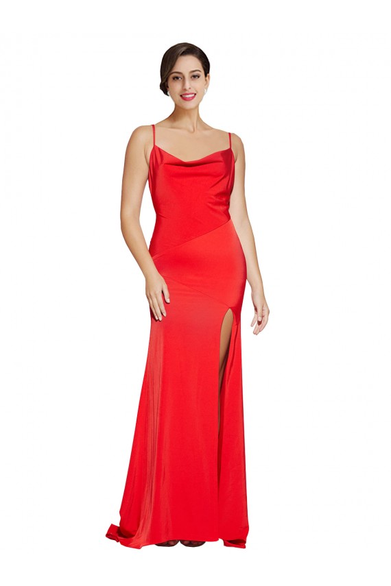 Online Low Back Cowl Neck Stretch Satin Bridesmaid Dress with High Side Slit