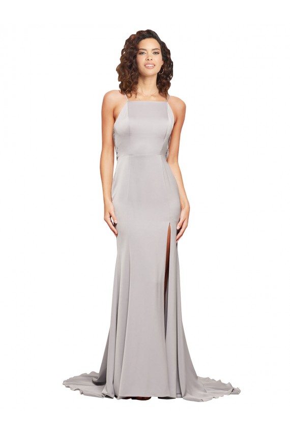 Online High Neck Low Back Long Full Length Stretch Satin Bridesmaid Dress